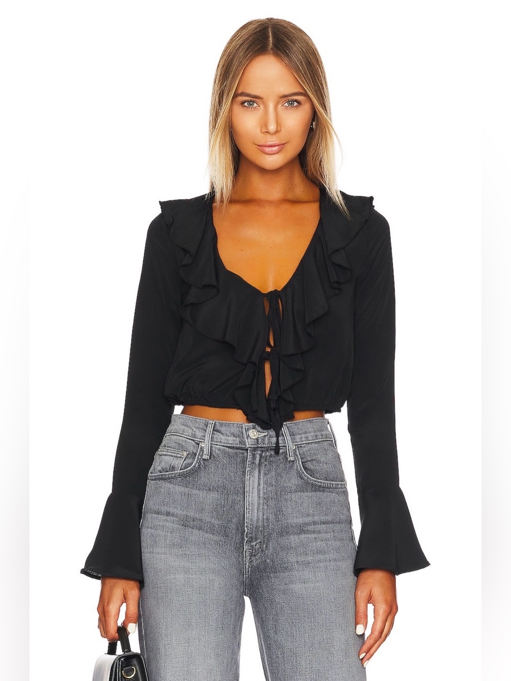 More To Come Black Ruffle Longsleeve Denise Tie Top